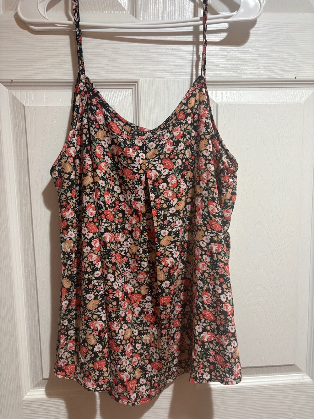 Floral Spaghetti Strap Tank Top - Black with Pink & Tan Flowers